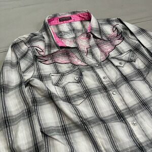 Rock by Wrangler-L-Cowgirl Gray Plaid Western Women Y2K Rockabilly Cowgirl Shirt